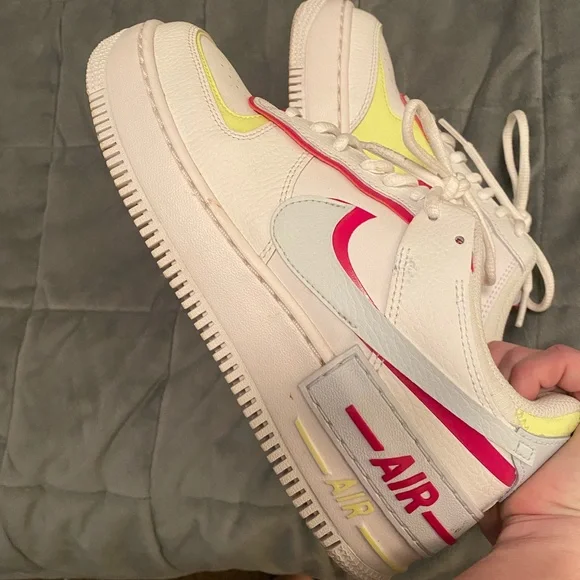 Women’s Nike Air Force 1 Sneakers Size 8 - White, Pink, & Neon Yellow! - Picture 3 of 4